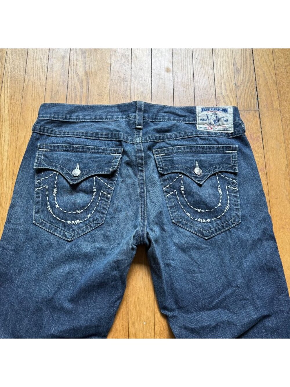 00s Vintage True Religion Size 40 Blue Dark Wash Denim Slim Fit Straight Jeans